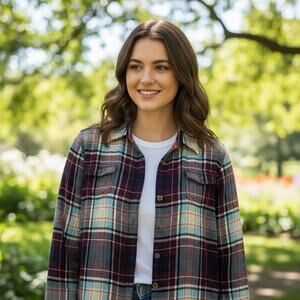 Aventura Plaid Flannel Shirt Womens XL Soft Button Up Burgundy Blue Cozy